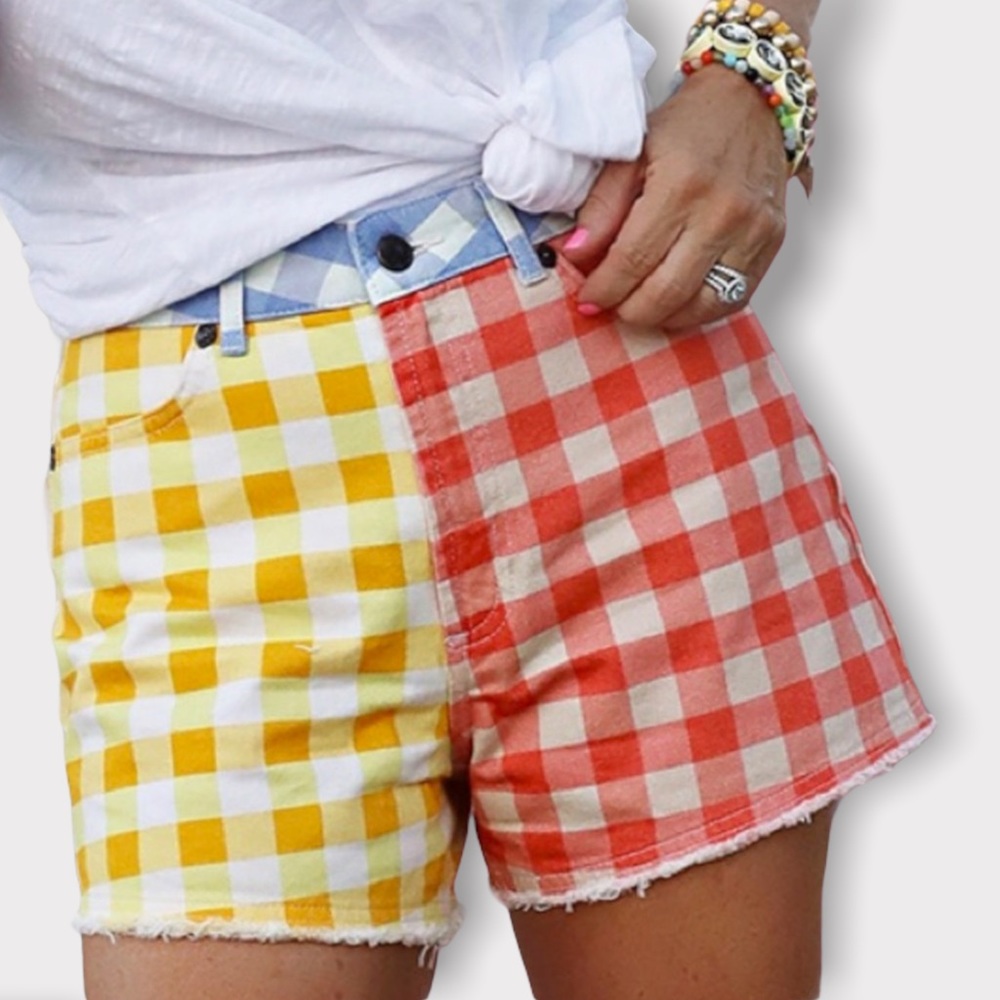 NWT Farm Rio gingam check denim cut off Anthropologie  shorts - Picture 3 of 6
